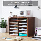 PAG Countertop Mail Sorter Organizer, Wooden Literature Organizer, Student Mailbox for Classroom, Desktop Bill Organizer for Office Home School, 12 Compartments, Brown