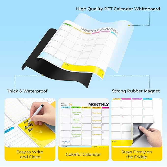 M&G Dry Erase Magnetic Fridge Calendar Set, 4 Pack- Monthly & Weekly & Daily Planner Whiteboard with 10 Markers and Eraser, Chore Chart for Refrigerator Wall Door, Family Schedule Planning Whiteboards