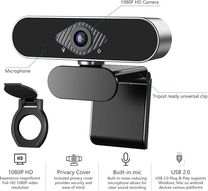 Webcam 1080P HD with Microphone & Privacy Cover, USB Web Cam with Live Streaming HD Video for Mac, PC, Computer and Laptop, Wide Angle Lens 1080P Web Camera with 360 Degree Flexible Mount