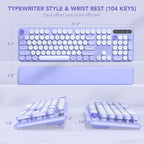 Wireless Keyboard, Round Keycaps, Retro Typewriter Keyboard with Detachable Wrist Rest, Sleep Mode, Foldable Legs, 2.4GHz Full-size Cordless Computer Keyboard for Windows/PC/Laptop (Colorful-Purple)