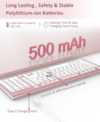 FENIFOX Wireless Keyboard, Bluetooth + USB Ergonomic Silent Quiet Rechargeable with Number Pad Cute Compact Full Size Multi Device Keyboards for iPad Tablet Mac Computer Surface PC MacBook Laptop Pink