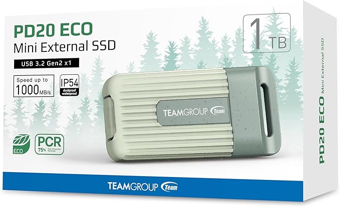 TEAMGROUP PD20 ECO 1TB Portable External Solid State Drive SSD Read up to 1000MB/s USB 3.2 Gen2x1 Type-C Waterproof Dustproof IP54 TPSEG4001T0C102