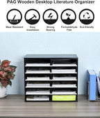 PAG Countertop Mail Sorter Organizer, Wooden Literature Organizer, Student Mailbox for Classroom, Desktop Bill Organizer for Office Home School, 12 Compartments, Black&White