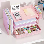 Wood Desk Organizers and Accessories with File Holder, 4-Tier Desk Accessories & Workspace Organizers with Drawer and Pen Holder, Paper Organizer for Office Supplies (Pink)
