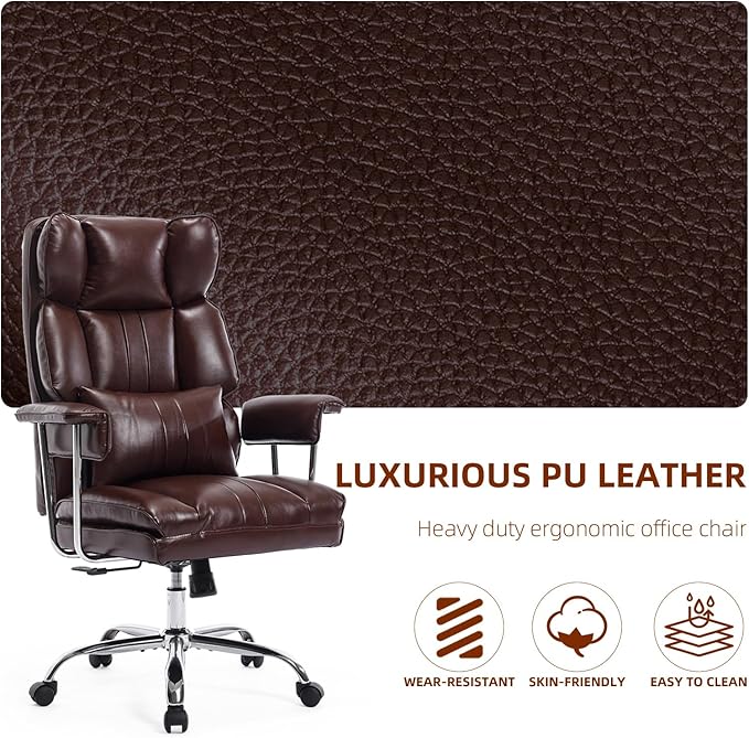 Big and Tall Office Chair 500lbs Wide Seat Executive Office Desk Chair High-Back Office Task Chair, Ergonomic Lumbar Support Computer Office Chairs for Heavy People(Brown)