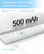 FENIFOX Wireless Keyboard, Bluetooth + USB Ergonomic Silent Quiet Rechargeable with Number Pad Compact Full Size Multi Device Keyboards for iPad Tablet Mac Computer Surface PC MacBook Laptop Silver