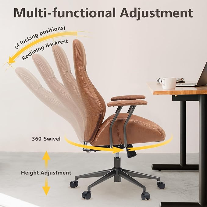 Mid Century Modren Office Chair - High Back Swivel Executive Chair with Lumbar Support,Ergonomic Computer Desk Chair with Wheels,Faux Lether Suede Task Chair,350lbs (Brown, High Back)