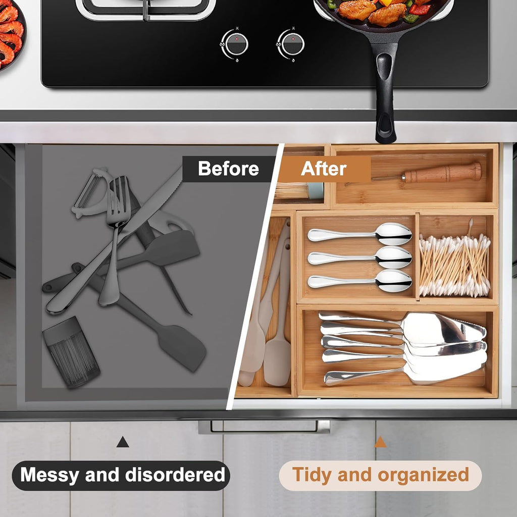 Bamboo Drawer Organizer 5 Pcs for Kitchen Multi-purpose Storage Dividers for Kitchen, Office, Jewelry, Cosmetics, Wooden Drawer Dividers for Drawer Organizer Desk Organizer Gift for Women Gifts Idea