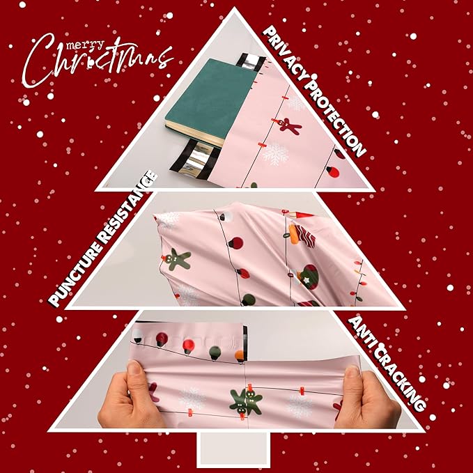 Christmas Poly Mailer 10x13 Inch 100 Pcs, Waterproof Shipping Bags with Self-Seal - Tear-Resistant, Christmas Lights Printed
