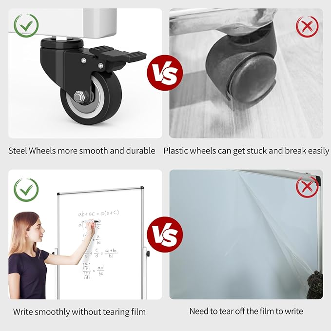 Rolling Whiteboard, Double Sided Magnetic Dry Erase Board Height Adjustable Whiteboard with Stand for Home Office Classroom (48" x 32")