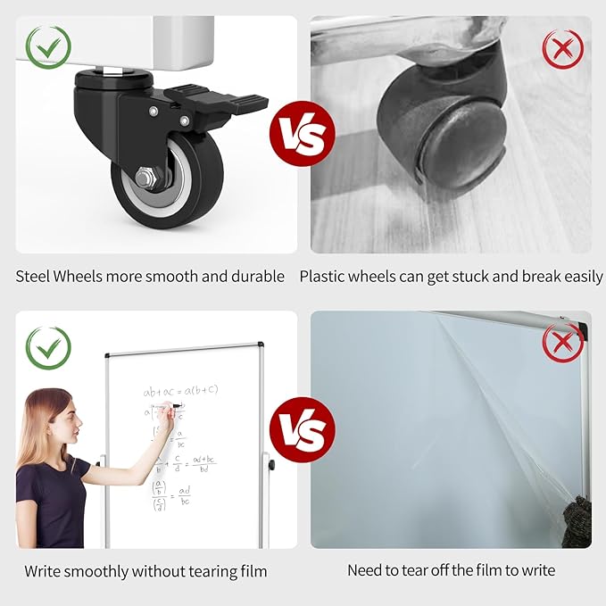 Whiteboard on Wheels, 44x26 Inches Double Sided Magnetic Dry Erase Board Height Adjustable Whiteboard with Stand for Home Office Classroom