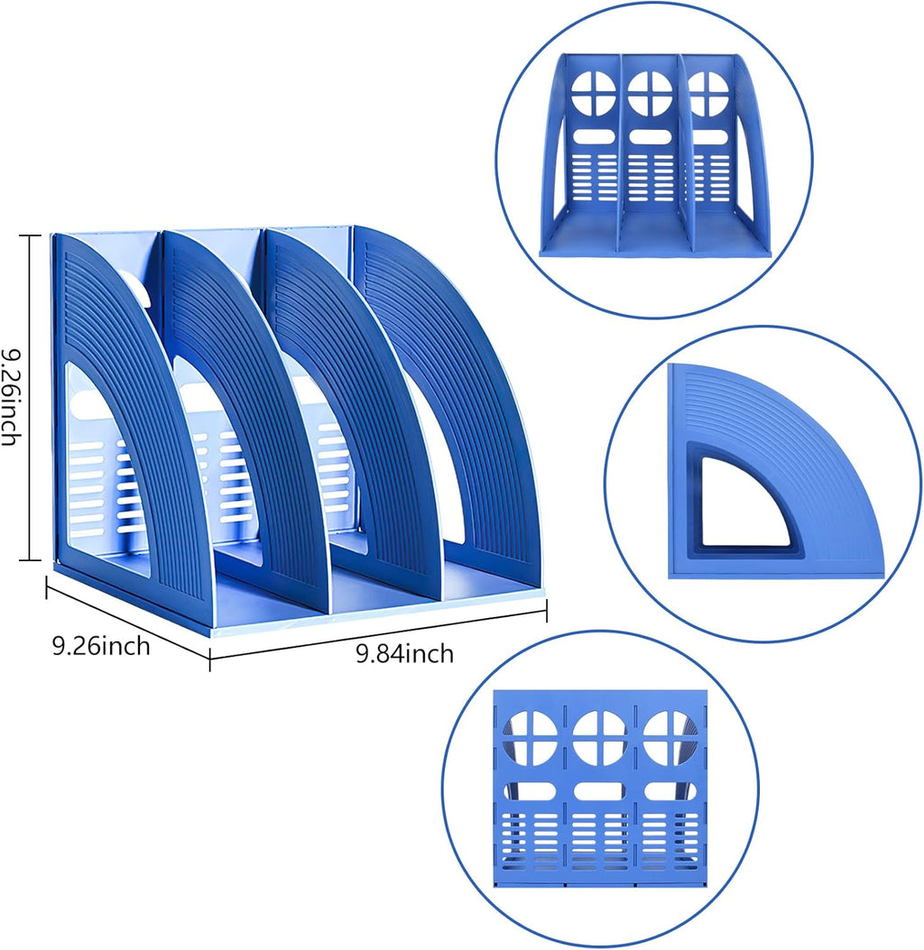 SAYEEC File Holders Folder Magazine Storage Holder Binder Stand 3 Compartment Blue Standing Files Bookshelf Organizer Magazines Divider Black Holds Documents for School Working Students