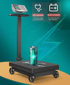 Industrial Platform Scale with Wheels 660lb Computing Digital Floor Scale with Accurate LB/KG Price Calculator High-Definition Displa Foldable Rechargable for Weighing Luggage Package