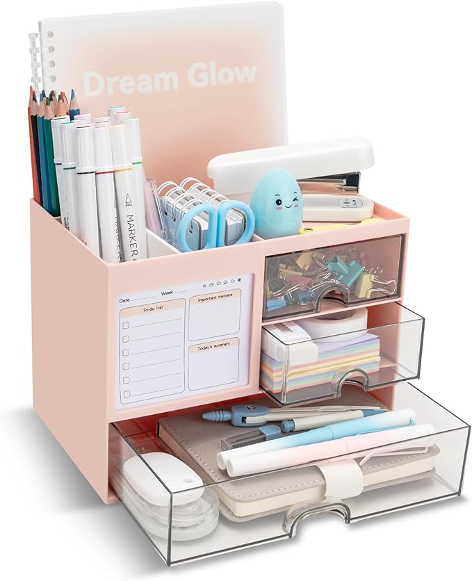 Multi-Functional Desk Organizer with 3 Drawer and 8 Compartments, Pink