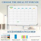 WALGLASS Dry Erase Calendar Whiteboard for Wall, 36" x 24" Double-Sided Monthly Calendar White Board with Silver Aluminum Frame, Hanging or Wall Mount Large Whiteboard for Home, Office, School