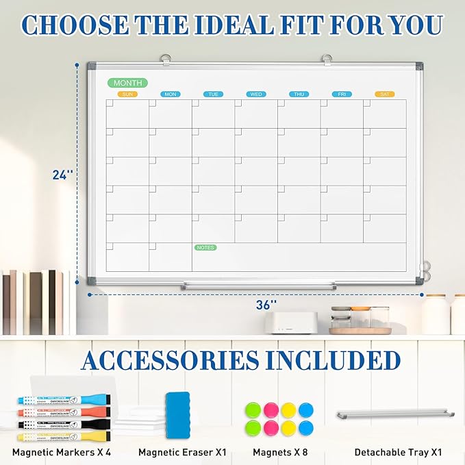 WALGLASS Dry Erase Calendar Whiteboard for Wall, 36" x 24" Double-Sided Monthly Calendar White Board with Silver Aluminum Frame, Hanging or Wall Mount Large Whiteboard for Home, Office, School