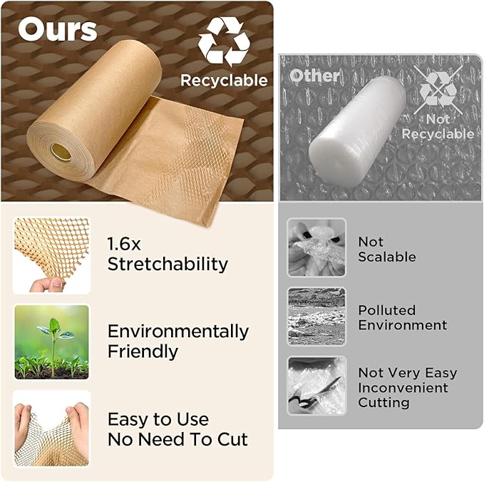 Honeycomb Packing Paper, 12"x200' Brown | Perforated Honeycomb Packing Paper Recyclable Moving Supplies for Shipping & Moving | Plastic-Free Alternative to Bubble Cushion Wrap with 36 Fragile Stickers