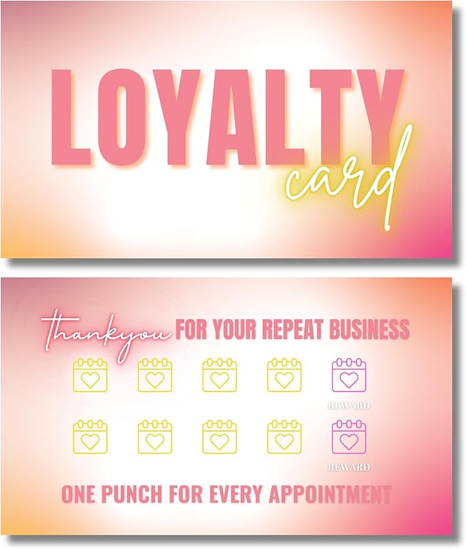 Beauty Business Loyalty Card, 10-Punch Reward System, Business Card size, 55 cards, full color high gloss front and back, UV coated, Modern design, create your own reward (Yellow and Coral)