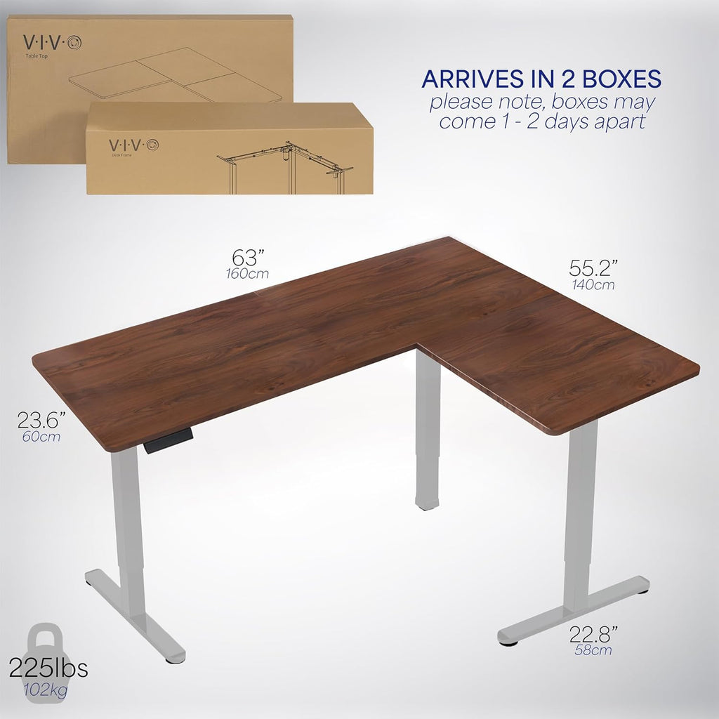 VIVO Electric Corner L-Shaped 63 x 55 in Standing Desk, Memory Height Adjustment, Dark Walnut Top Gray Frame, DESK-E3CTGD