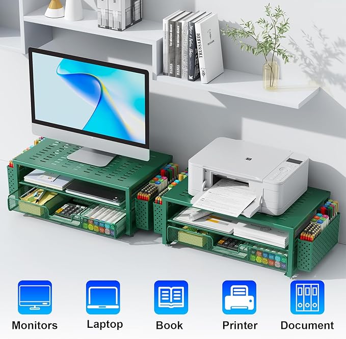 gianotter Desk Organizers and Accessories, Monitor Stand with Drawer and 2 Pen Holder, Desktop Organizer Suitable for Offices and Dormitories (Green)