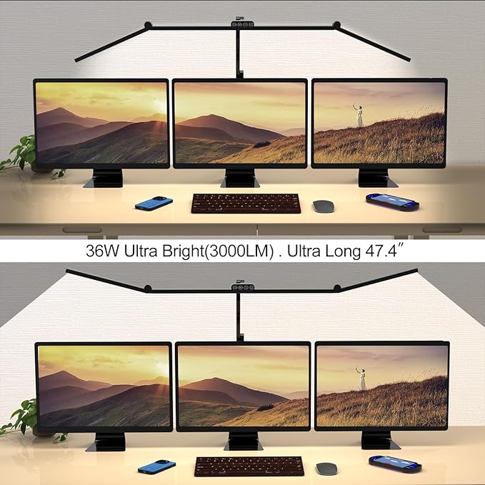 Micomlan 36W Bright Led Desk Lamp with Clamp, 47 Inches Long Architect Desk Lamp Home Office, Dimmable Table Light with Remote Adjustable Monitor Light Bar Tall Office Lighting for Computer Desktop
