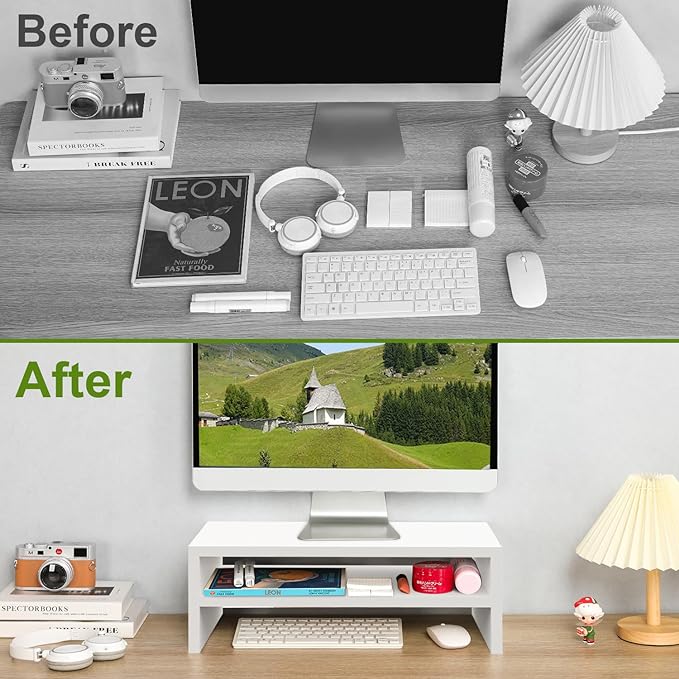 TEAMIX 2 Tier White Monitor Riser Stand, Wood Desktop Stand with storage for Laptop/PC/Printer/Keyboard, TV Stand Shelf Home Office Desk Accessories