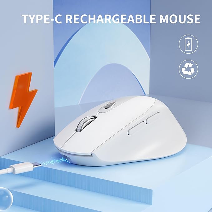 TENMOS M7 Bluetooth Mouse, Rechargeable Dual Mode BT5.1+ 2.4GHz USB Silent Wireless Mouse with Type C Adapter & Battery Indicator, Ergonomic Design for Laptop, iPad, MacBook-White and Grey