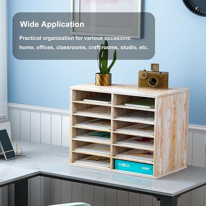 PAG Countertop Mail Sorter Organizer, Wooden Literature Organizer, Student Mailbox for Classroom, Desktop Bill Organizer for Office Home School, 12 Compartments, Retro White