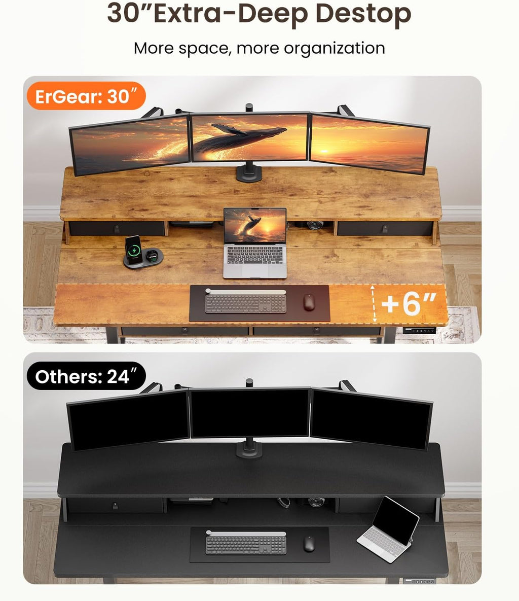 ErGear Electric Standing Desk with 4 Drawers, 55" x 30" Height Adjustable Desk with Storage, C-Clamp Mount Compatible, Computer Home Office Table with Cable Management Tray, Vintage Brown