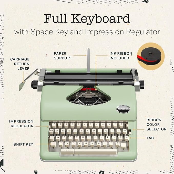 Maplefield Vintage Manual Typewriter - Seafoam Green, Standard 8 x 11 in Paper - Home & Office Decor - Portable Word Processor & Writing Machine
