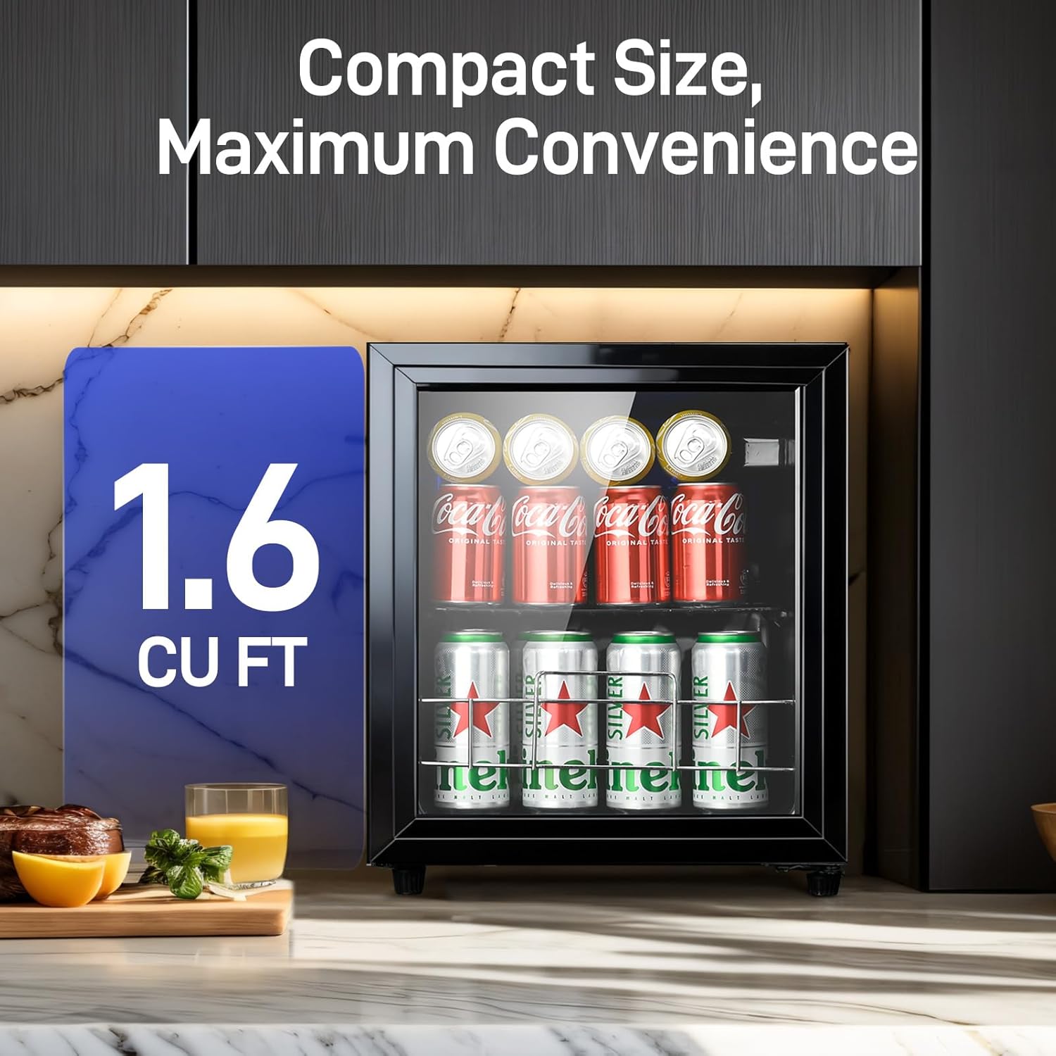 Small Beverage Refrigerator Cooler, 1.6 Cu.Ft Mini Fridge with Tempered Glass Door, 60 Cans Wine Drink Beer Fridge for Office Bedroom Bar, 7 Level Temperatures, Adjustable Shelf (12 Oz)