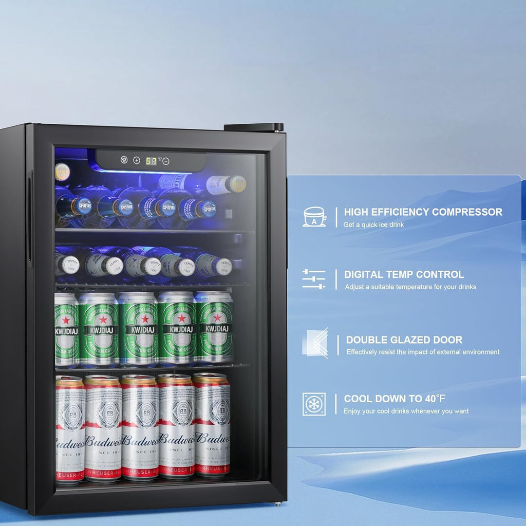 Antarctic Star Beverage Refrigerator Cooler-85 Can Mini Fridge Glass Door for Soda Beer Wine Stainless Steel Glass Door Small Drink Dispenser Digital Display for Home, Office Bar,2.6cu.ft