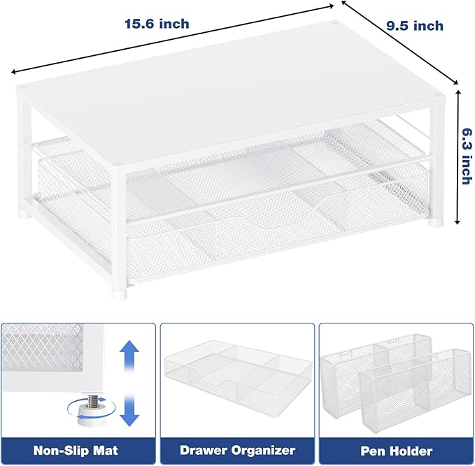 Desk Organizers and Accessories, 2-Tier Computer Monitor Stand Riser with Drawer and 2 Pen Holders, Laptop Stand, Office Desk Accessories for Office Supplies, White