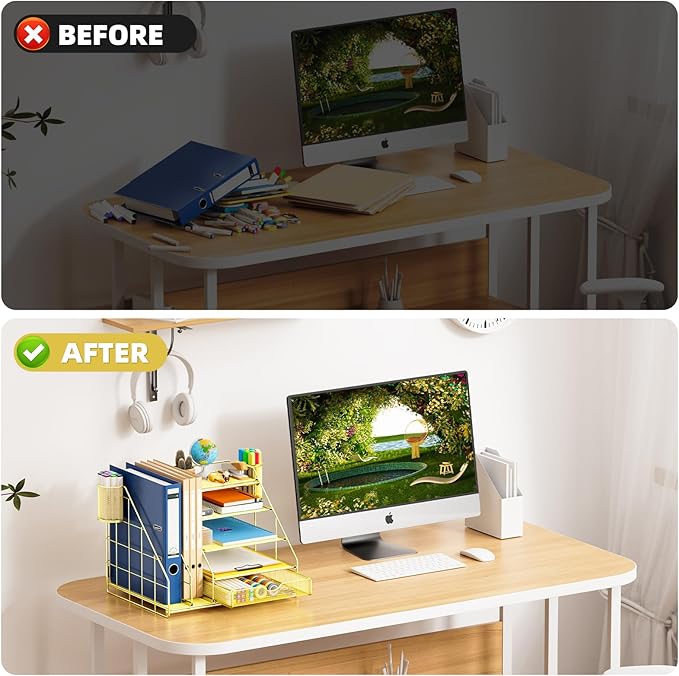 Marbrasse Desk Organizer with File Holder, 5-Tier Desk Organizer and Accessories with Drawer and 2 Pen Holders, Mesh Paper Letter Tray, Desktop Storage for Office Supplies (Gold)