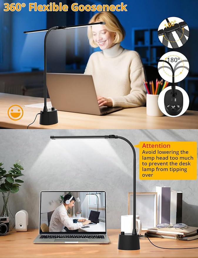 Desk Lamp with Dual Head & 10W Smart Dual USB Charging Port 5 Color Modes Dimmable Reading Light 2600 Lumens 12W Table Lamp for Bedside Office, Adapter Include