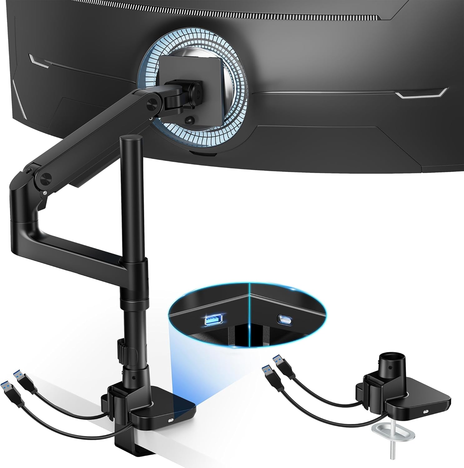 ARES WING Ultrawide Monitor Mount with USB A/C, with Extended Column for 17 to 49 inch Heavy Duty Monitor, Holds 44 lbs, Adjustable Gas Spring Desk Mount, Black