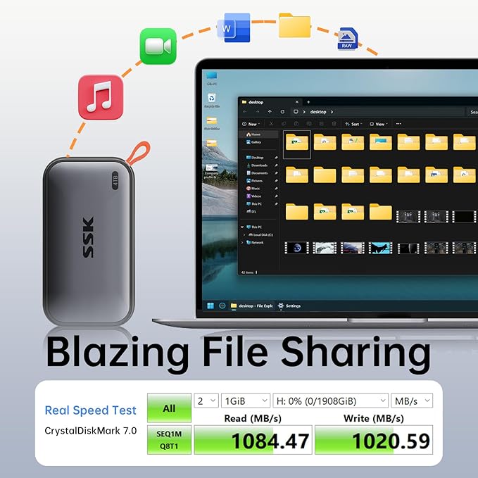 SSK 4TB SSD External Hard Drive – Up to 1050MB/s Portable Solid State Drive USB 3.2 Gen2, USB-A & USB-C, 4K ProRes HDR for iPhone 15/16 Pro, Mac, Windows, Android OTG, Tablets