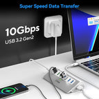 Powered USB Hub 10Gbps, Aluminum 7 Port USB 3.2 Data Hub with 4 USB 3.2 Gen 2 Ports, 3 Fast Charging Ports, 30W Power Adapter, Type A & C Cable for Mac, PC, Laptop