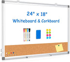 Double-Sided Whiteboard Cork Board Combo for Wall, WALGLASS 24" x 18" Dry Erase White Board Corkboard Combination, Hanging Wall Mount Bulletin Board with Aluminum Frame for Office, Home, School