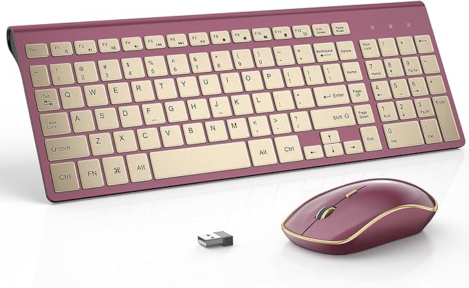 JOYACCESS Wireless Keyboard and Mouse, 2.4g Slim and Ergonomic Wireless Keyboard Mouse Combo- Full Size and Portable Design for Laptop/Windows/Computer-Wine Red Gold