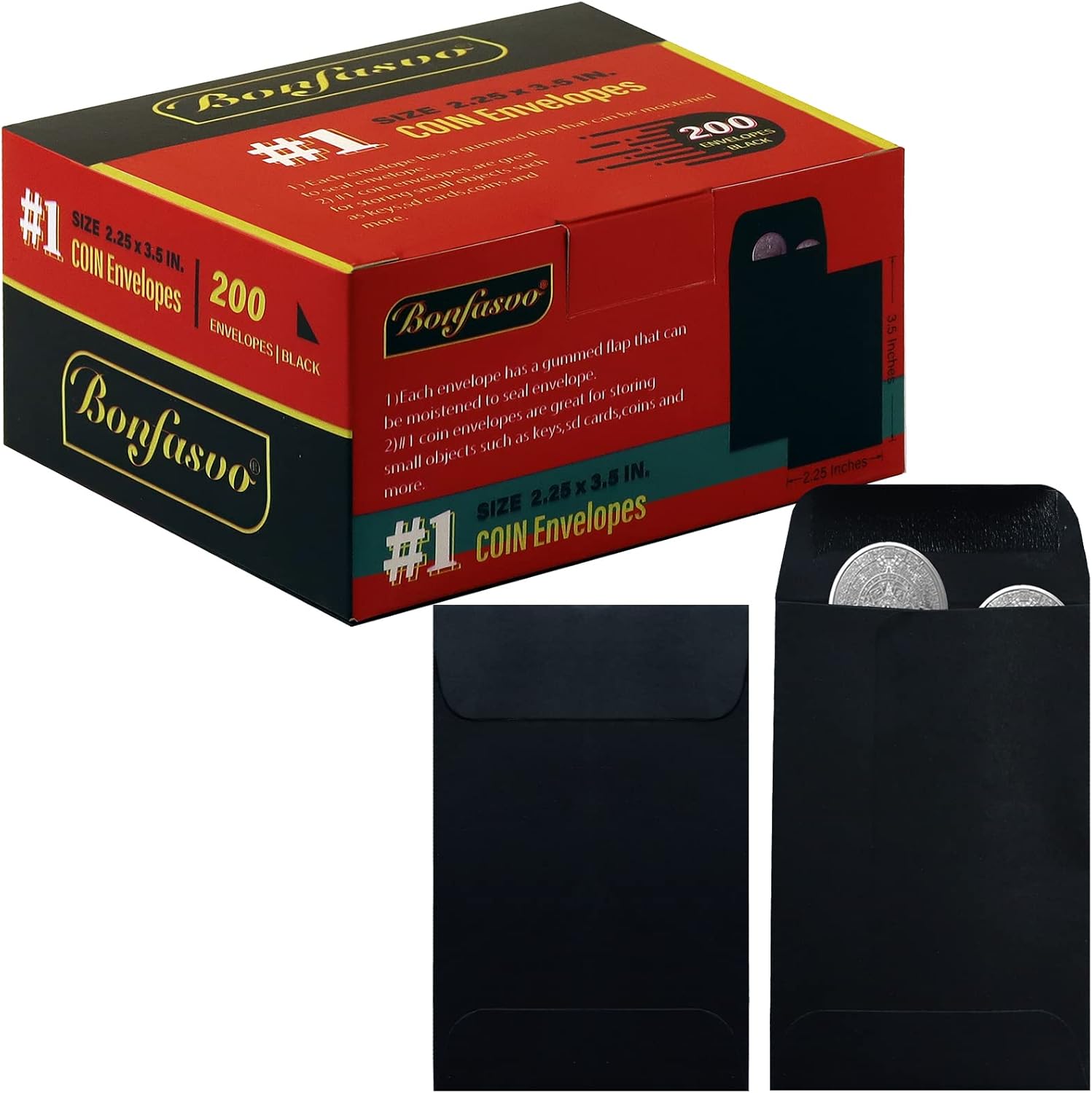 200 Pack #1 Black Coin Envelope 2.25 X 3.5 inches Kraft Envelopes Classic Small Parts Envelopes with Self Adhesive Gummed Flap for Coins Cash Credit Cards Seeds