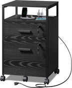 DEVAISE 2 Drawer File Cabinet with Lock and Charging Station, Wood Filing Cabinet fits A4 or Letter Size, Mobile Printer Stand with Open Storage Shelf for Home Office, Black