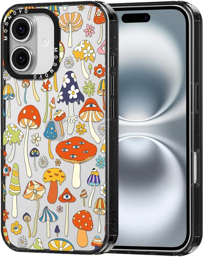MOSNOVO Case for iPhone 16 Plus, [10ft 4X Military-Grade Drop Protection] Durable & Shockproof Phone Case Cover Design for iPhone 16 Plus - Mushroom Art - Clear Black