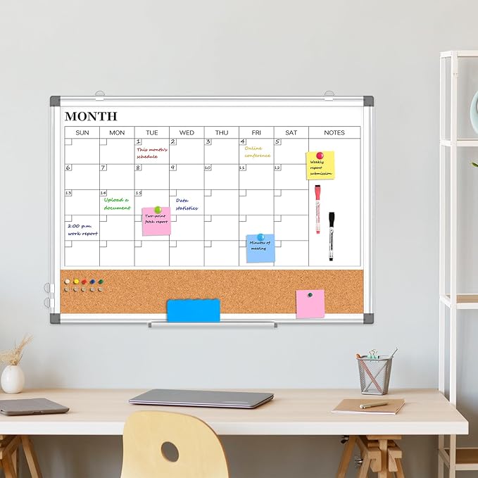 Monthly Calendar Whiteboard Dry Erase Cork Board Combo for Wall, 30" x 20" Magnetic Double-Sided Calendar White Board and Bulletin Board, Portable Board for Office, Kitchen, School, Home, Dorm