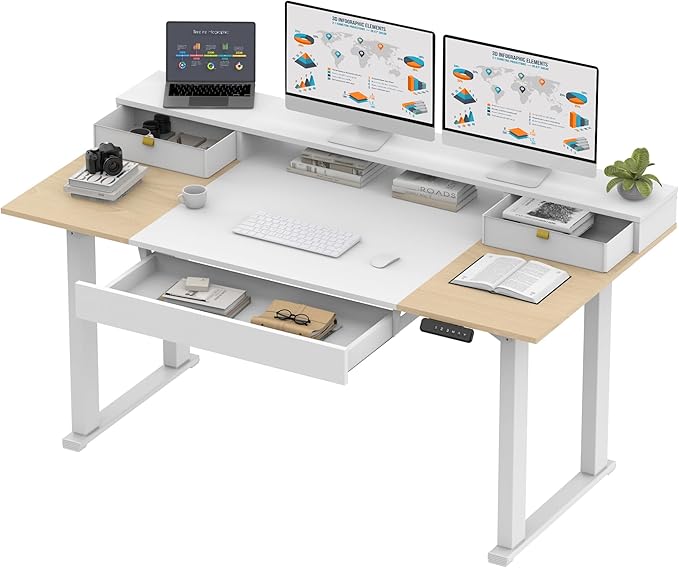 SANODESK Electric Standing Desk with Drawer, 71 x 32 inch Height Adjustable Computer Desk, Home Office Stand Up Desk with 4 Preset Heights, White