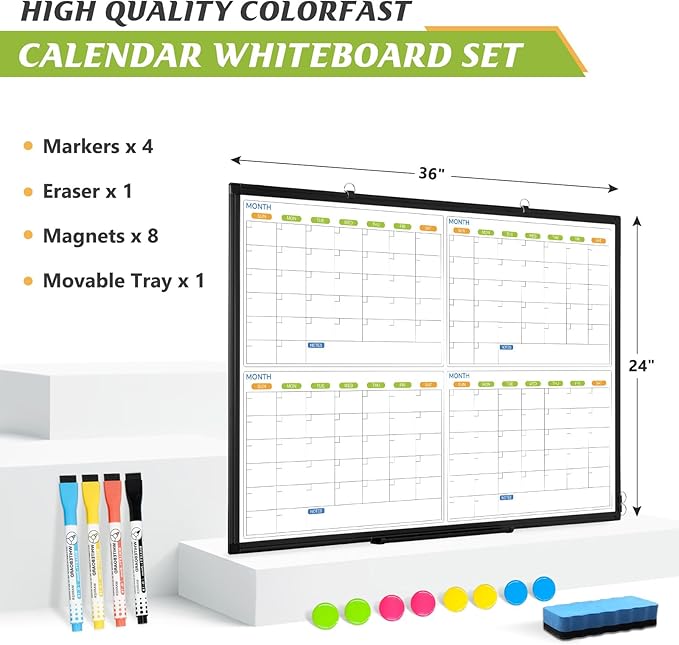 36" x 24" Magnetic Dry Erase Calendar Whiteboard, 4 Month Calendar White Board Planner, Black Aluminum Frame Wall Mounted Board for Office Home and School