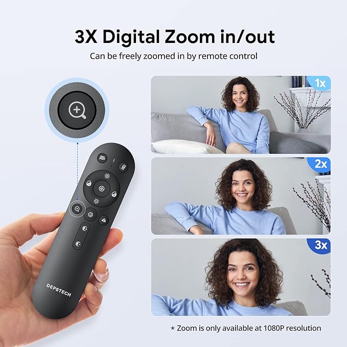 DEPSTECH Webcam 4K, Zoomable Webcam with Microphone and Remote, Equipped with Sony Sensor, 3X Digital Zoom, Noise-Canceling Mics, Auto-Focus Computer Camera for PC/Mac/Laptop/Zoom/Teams/OBS/Google