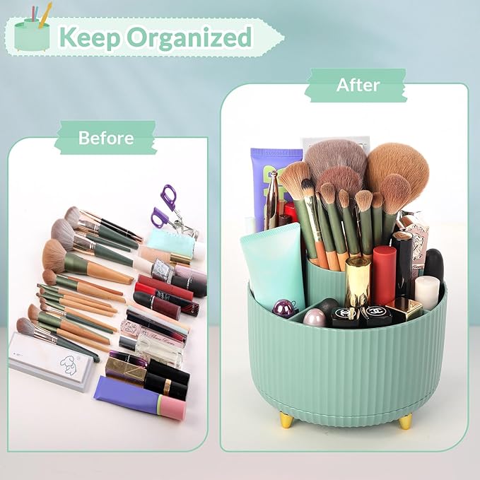 SKYDUE 360 Degree Rotating Desk Organizer, Dual-Purpose Pencil Pen Holder for Desktop, Rotating Desk Pen Organizer with 5 Slots, Pencil Cup for School, Home, Office Supplies (Bean Green)