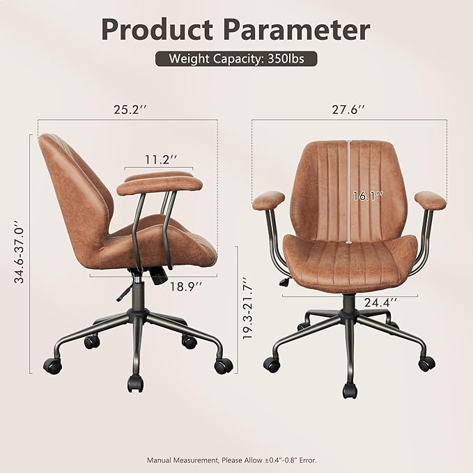 Mid Century Modren Office Chair - Mid Back Swivel Executive Chair with Lumbar Support,Ergonomic Computer Desk Chair with Wheels,Faux Lether Suede Task Chair,350lbs (Brown, Mid Back)