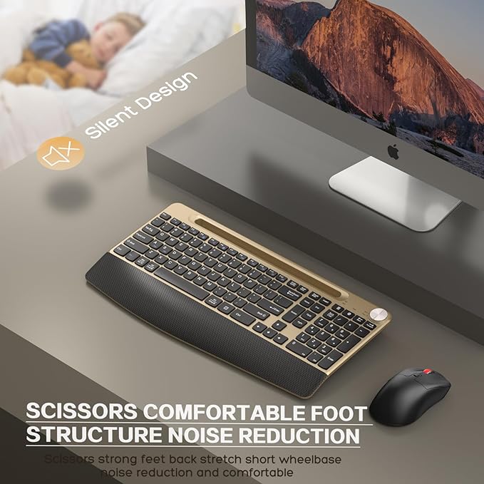 Ergonomic Wireless Keyboard and Mouse with Wrist Rest，Phone Holder - 2.4GHz Full-Sized Low-Profile Quiet Gold Wireless Mouse and Keyboard Combo for Computer, Laptop, PC, Mac-Gold